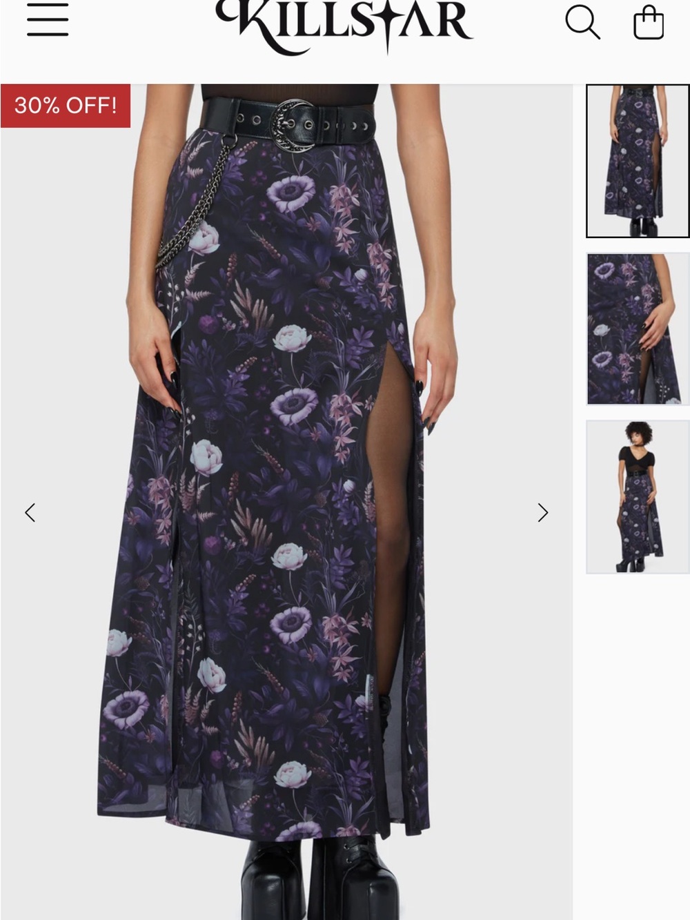 Killstar Purple & Black Floral Maxi Skirt with Side Slit